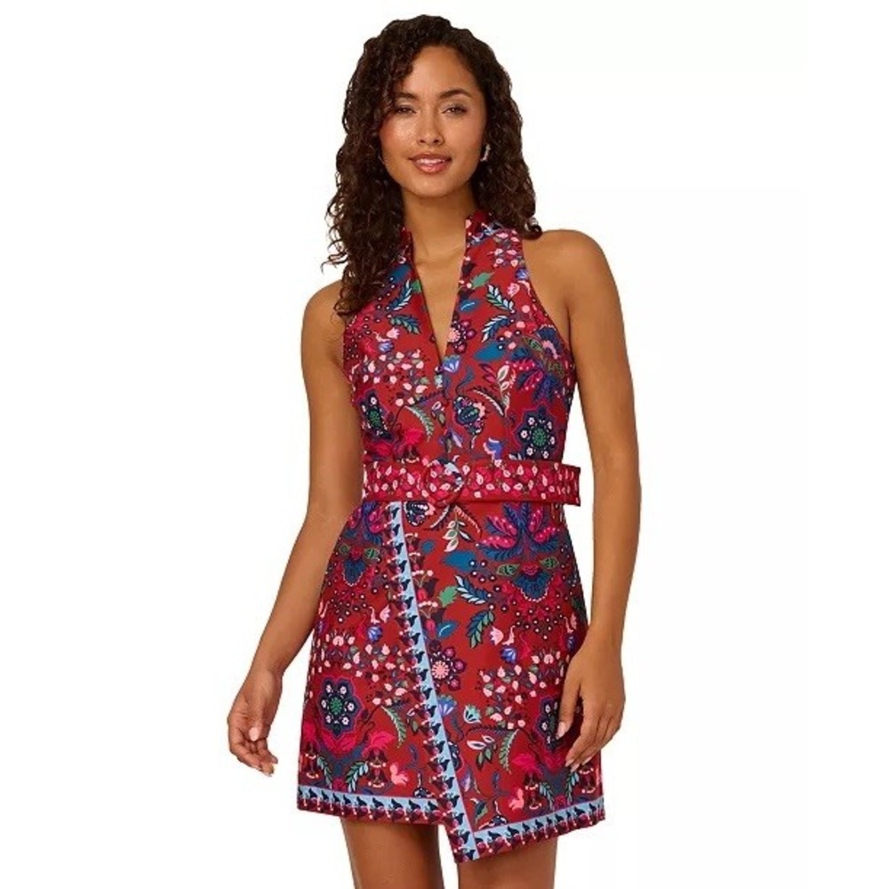NWT Adrianna Papell Sheath Dress Womens Rust Floral Faux Wrap 10 $149